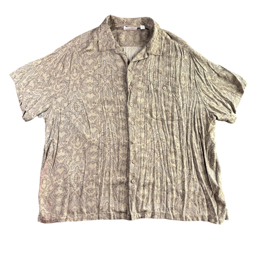 Caribbean Mens 3X Short Sleeve Button Up Shirt Tan Paisley 100% Rayon Camp Shirt